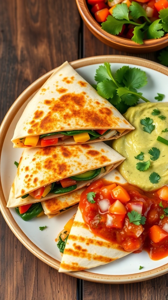 Healthy Vegetable Quesadilla Recipe Healthy vegetable quesadillas filled with bell peppers and spinach, served with salsa and guacamole.